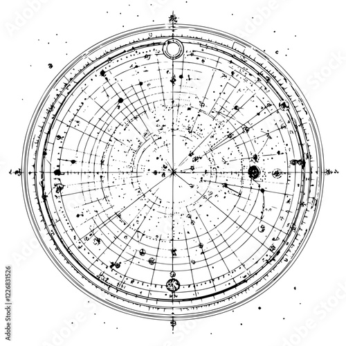 Ancient celestial chart depicting constellations and celestial bodies from a historical astronomical perspective