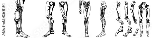 Detailed sketches of robotic limbs showcasing joints and movements in a technical design format