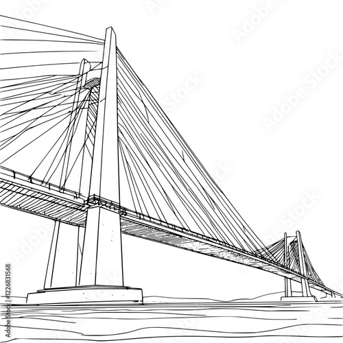 Detailed illustration of a suspension bridge showcasing engineering design over waterway