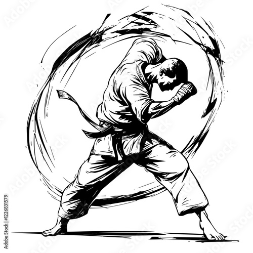 Martial artist performs a powerful punch with dynamic energy in a stylized illustration during a training session