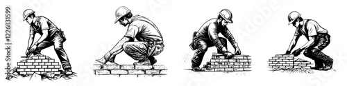 Workers laying bricks and constructing a wall outdoors in a busy construction site during the day