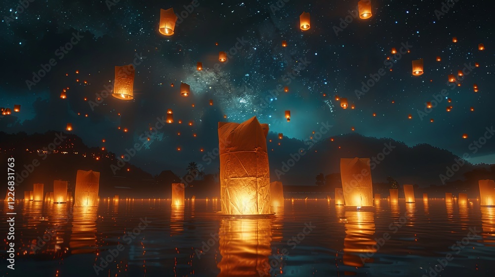 Fototapeta premium Illuminated Sky Lanterns Floating Over Water at Night