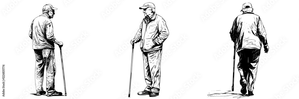 Elderly man walking with cane on a quiet street during afternoon stroll in a peaceful neighborhood Elderly man walking with cane on a quiet street during afternoon stroll in a peaceful neighborhood