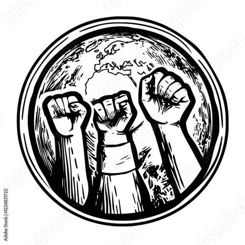 Symbolic raised fists representing unity and resistance against oppression with a globe in the background