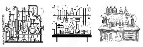 Detailed illustrations of laboratory equipment showcasing various glassware and tools for scientific experiments
