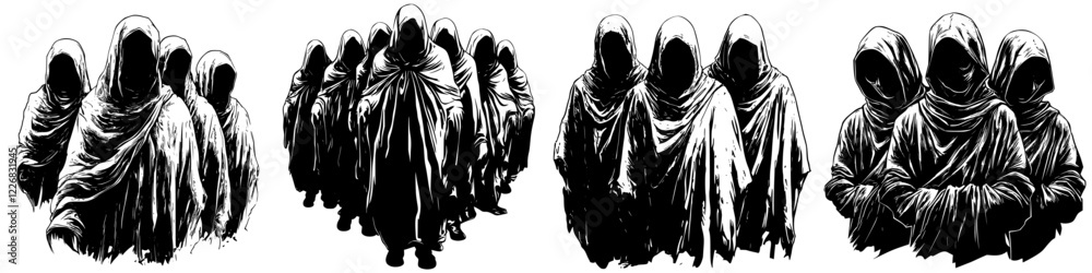 Group of cloaked figures walking towards an unknown destination in a dark, mysterious setting