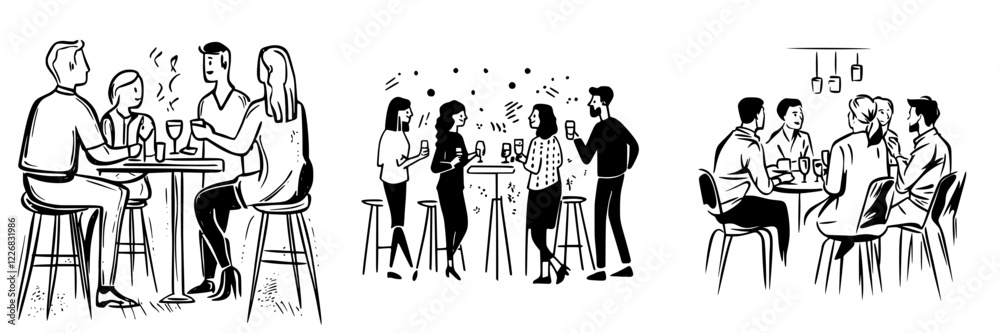 Social gatherings in a lively bar with friends enjoying drinks and lively conversations during the evening Social gatherings in a lively bar with friends enjoying drinks and lively conversations during the evening
