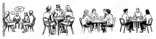 Group discussions taking place in a casual setting with participants engaging in conversations and sharing ideas
