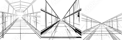 Perspective lines create a visual journey through a glass corridor with depth and interest during daylight