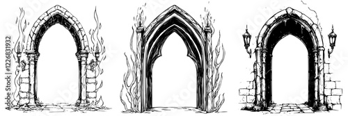 Architectural sketches of gothic arches with flames and ambient lighting in a dramatic setting