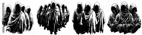 Group of cloaked figures walking towards an unknown destination in a dark, mysterious setting