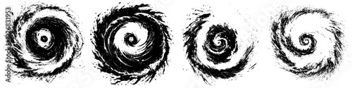 Swirling patterns of black and white resembling hurricanes or whirlwinds in a dynamic design