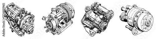 Different types of automotive engines and components showcased in detailed design