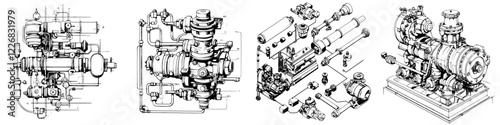Detailed technical drawings of machinery components for engineering professionals in a workshop setting