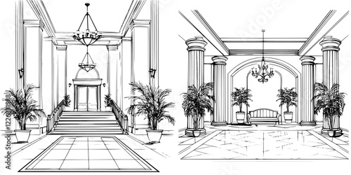 Elegant lobby design showcasing a grand entrance with steps and lush plants, created with detailed artwork in a classic style