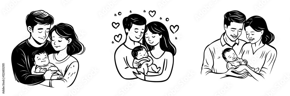 Couple joyfully holding their newborn baby with love in a cozy indoor setting Couple joyfully holding their newborn baby with love in a cozy indoor setting