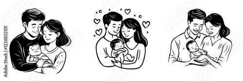 Couple joyfully holding their newborn baby with love in a cozy indoor setting