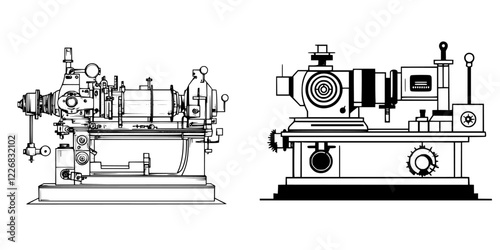 Detailed view of two distinct types of metalworking machines in a workshop setting showcasing precision engineering