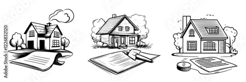 Real estate concept with house designs and documents in a creative illustration for property transactions