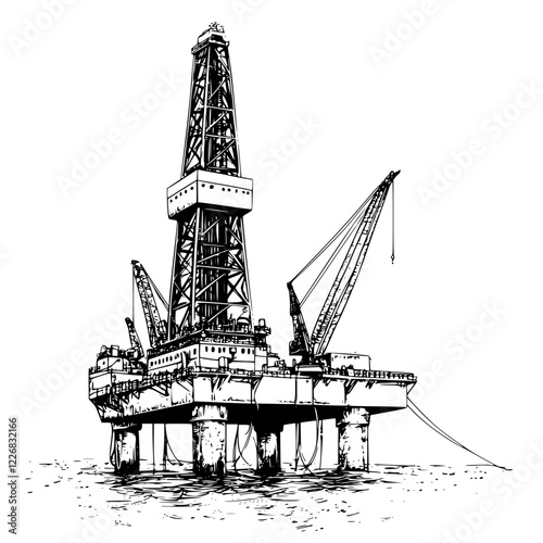 Oil drilling rig set against the horizon with cranes at work in the ocean during daylight