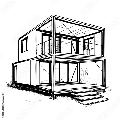 Modern architectural design of a two-story house with large windows and a grass landscape
