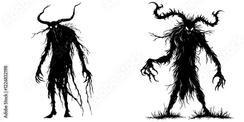 Mysterious horned figures shrouded in shadows haunt a dark forest at twilight