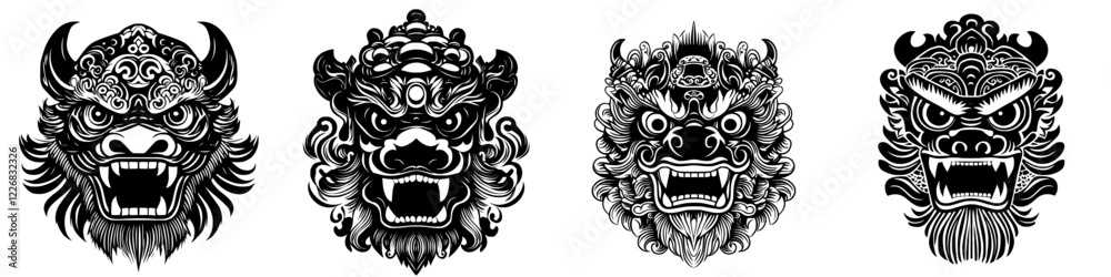 Artistic representation of traditional lion masks showcasing unique designs and cultural significance in a vibrant display Artistic representation of traditional lion masks showcasing unique designs and cultural significance in a vibrant display
