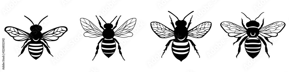 Intricate black and white illustrations of bees showcasing diverse wing patterns and body structures Intricate black and white illustrations of bees showcasing diverse wing patterns and body structures