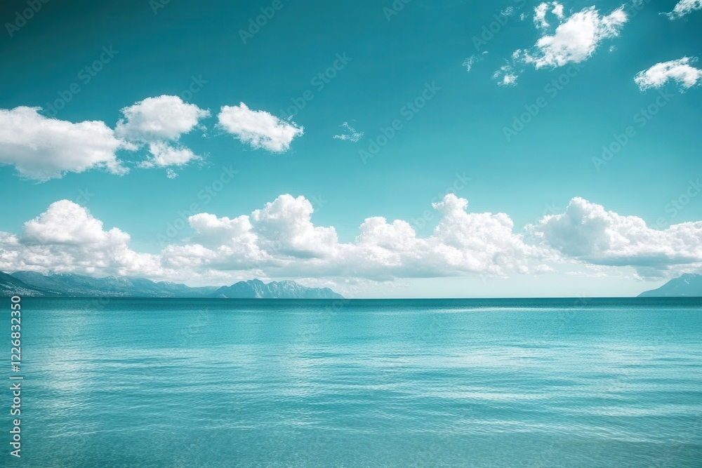 Calm turquoise lake, mountain backdrop, sunny day, peaceful scene, travel brochure Calm turquoise lake, mountain backdrop, sunny day, peaceful scene, travel brochure