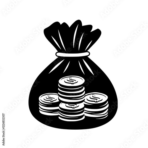 Bag filled with coins highlights wealth accumulation and financial prosperity in a minimalist design