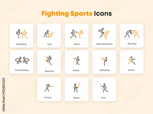 Fighting Sport Icon - ick Boxing, Judo, Karate, Mixed Martial Arts, Wrestling, Sumo Wrestling, Muay Thai, Boxing, Taekwondo, Wu Shu, Fencing, Kendo, Arnis