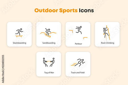 Outdoor Sport Icon, Skateboarding, Sandboarding, Parkour, Rock Climbing, Tug of War, Track and Field