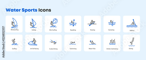 Water Sport Icon Windsurfing, Sailing, Kite Surfing, Kayaking, Rowing, Canoeing, Rafting, Surfing, Jet Ski Racing, Scuba Diving, Swimming, Water Polo, Artistic Swimming, Diving