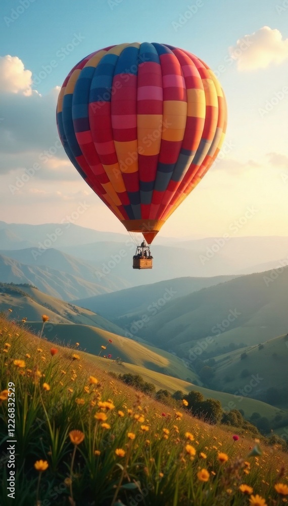 Fototapeta premium Serene hot air balloon drifting gently above rolling hills, gentle, balloon, cloud