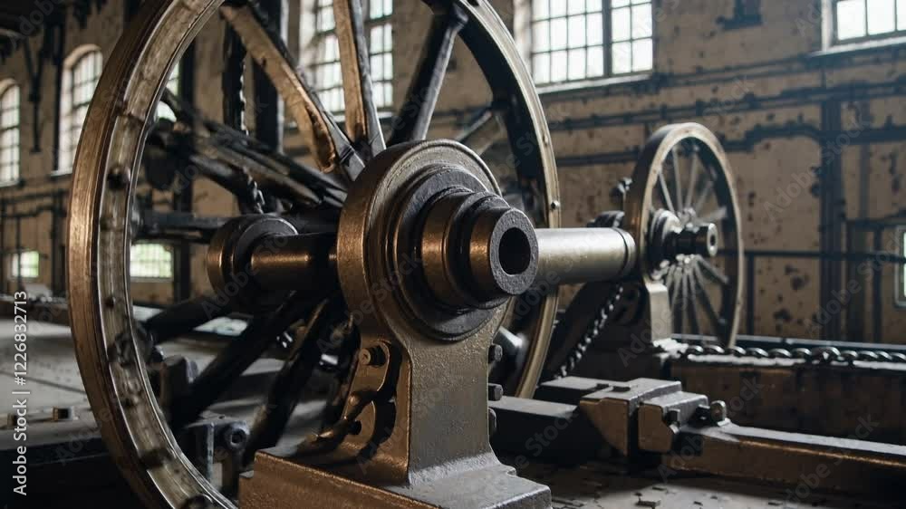 Vintage Industrial Machinery: Close-up of a Rusty Wheel and Gears in an Abandoned Factory