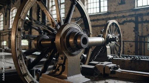 Vintage Industrial Machinery: Close-up of a Rusty Wheel and Gears in an Abandoned Factory