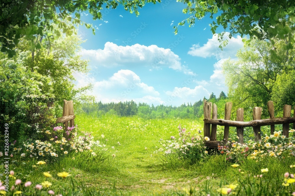 Spring meadow path, wooden fence, sunny sky, floral border, idyllic scene Spring meadow path, wooden fence, sunny sky, floral border, idyllic scene