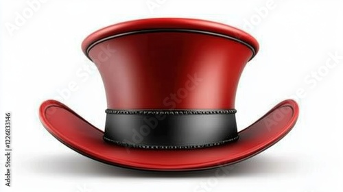 Bright Red Top Hat with Black Ribbon on a White Background