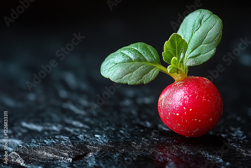 Radish Sprout with Vibrant Red Root and Green Leaves photo