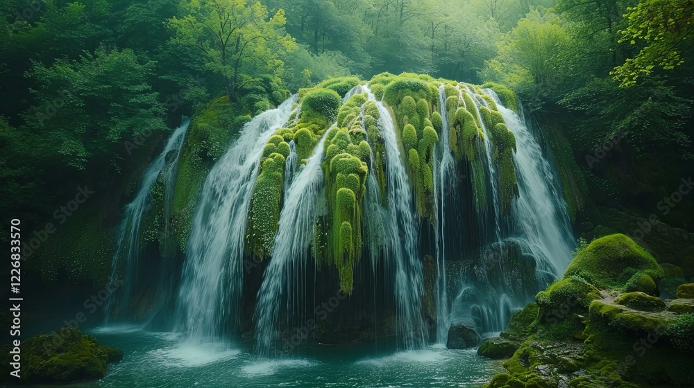 Lush Green Moss Drapes Cascading Waterfall In Forest Lush Green Moss Drapes Cascading Waterfall In Forest