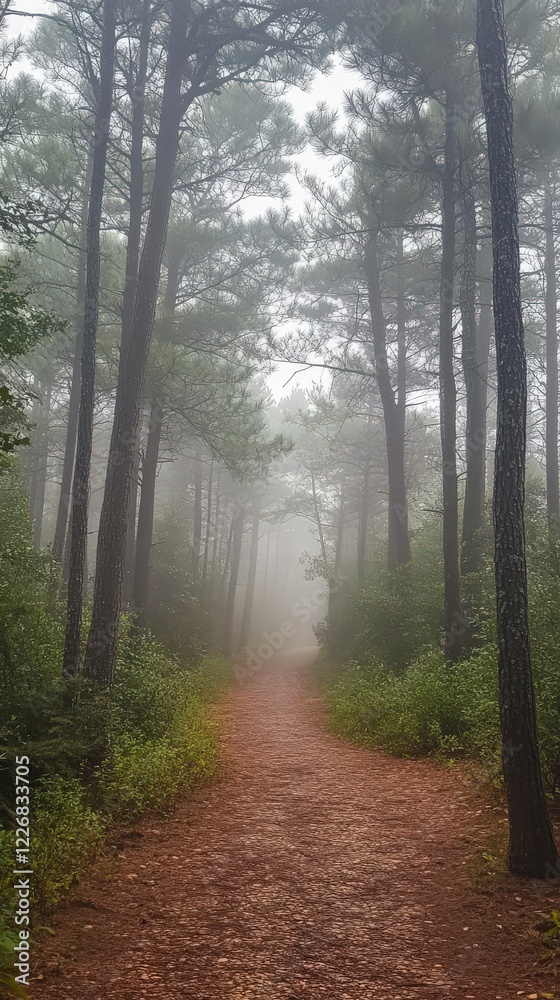 Obraz premium A foggy forest path with tall pine trees shrouded in mist, creating a serene atmosphere