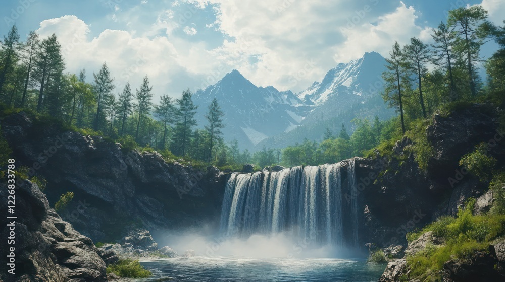 Fototapeta premium Majestic Waterfall Cascading into Serene Mountain Lake