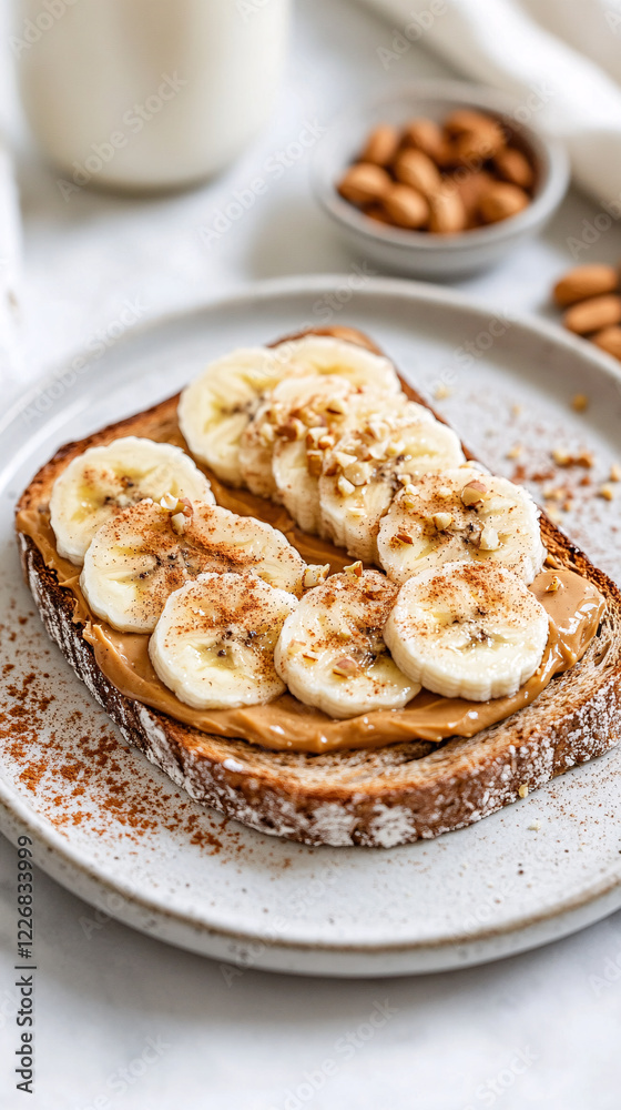 A rustic toast with creamy peanut butter, slices of banana and a dusting of cinnamon A rustic toast with creamy peanut butter, slices of banana and a dusting of cinnamon