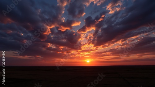 Dramatic sunset over flatlands: fiery orange and purple cloudscape at dusk, wide angle view,