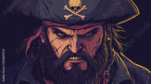 Cartoon pirate or shipman skipper character with beard in tricorne hat, vector angry corsair. Old pirate skipper or boatswain corsair and filibuster man in captain with crossbones and saber swords