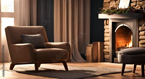 Dimly lit living room with relaxing chair and fire, looping 4k time-lapse virtual video animation Generated AI. Macro Shot