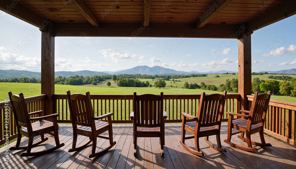 Fototapeta premium Scenic porch with rocking chairs overlooking green mountains