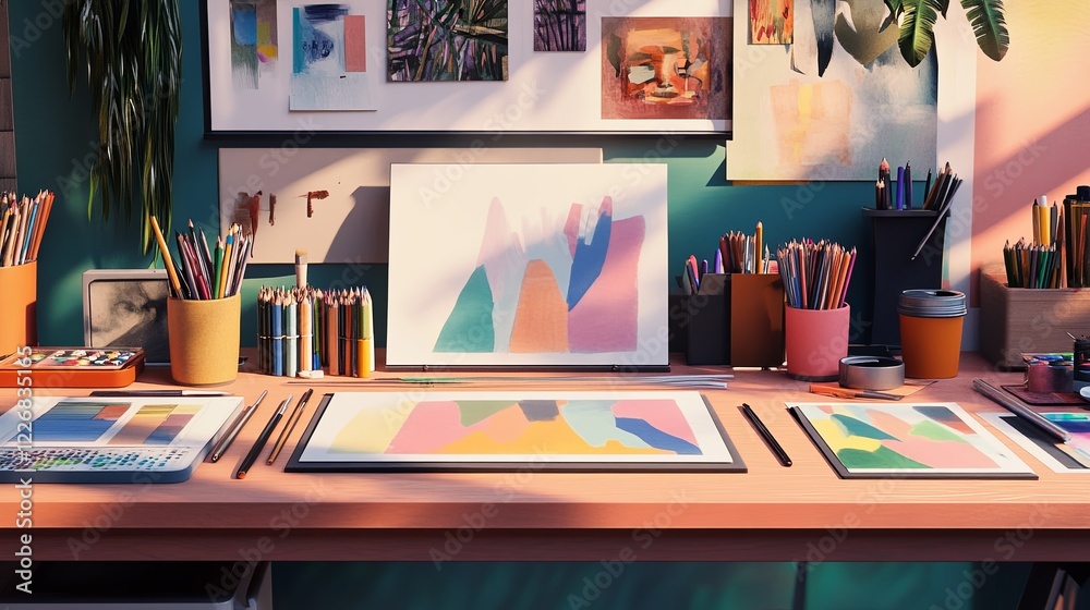 custom made wallpaper toronto digitalA clean workshop setup with design mockups, pens, and a vibrant palette. digital