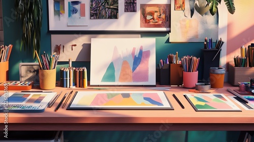 Wallpaper Mural A clean workshop setup with design mockups, pens, and a vibrant palette. digital Torontodigital.ca