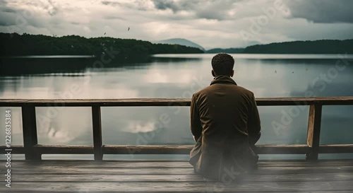 Contemplative man by lake on cloudy tropical pier, looping 4k time-lapse virtual video animation Generated AI. Cinematic.